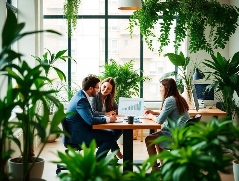 L'équipe Luckylifegarden travaillant dans un environnement moderne et verdoyant, symbolisant croissance et expertise